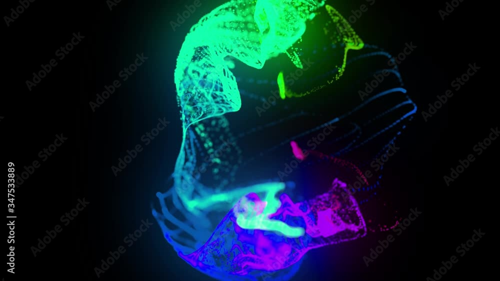 Poster Glow ink change color. Injection of fluorescent amazing ink in water on black background in 4k. 3d render of glow particles like ink flow. Luma matte as alpha channel.
