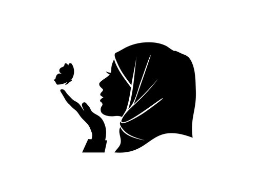 silhouette vector of beauty hijab women looking butterfly in her hand