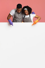 Cleaning Service Offer. Happy African Couple Pointing At White Advertisement Board
