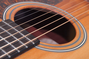 Close up of brown wooden classical guitar