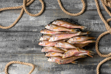 Black sea fish, red mullet in a black bowl on a gray wooden table. A lot of barabulka fish. Top view with space for text