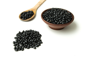 Pile of raw Brazilian Black Beans in a spoon and bowl. Also know as feijao