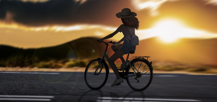 a Silhouette girl riding on cycle on-road an at evening sunset outdoor mountains.