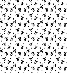 Hand marks seamless pattern. Scattered hand drawns loops and dots, simple ink drawing repeated texture. Black and white doodle background.
