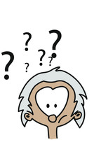 old lady with gray hair and question mark over her head as a comic figure