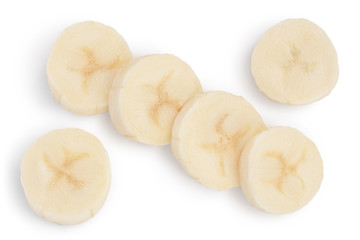 peeled banana pieces isolated on white background with clipping path and full depth of field. Top view. Flat lay.
