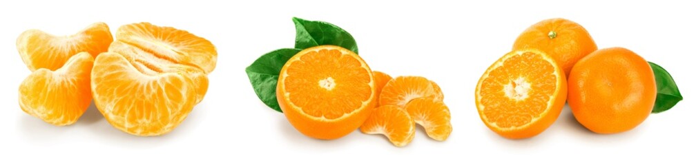 tangerine or mandarin fruit with leaves isolated on white background. Set or collection