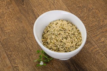 Peeled hemp seeds in the bowl