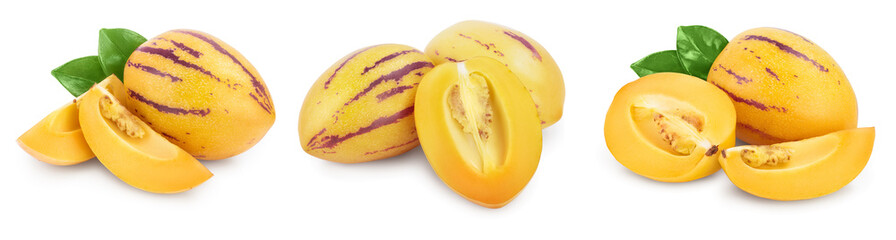 Fresh Pepino fruit with leaves isolated on white background. Set or collection