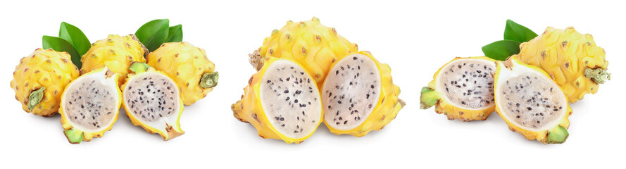 Ripe Dragon fruit, Pitaya or Pitahaya yellow isolated on white background, fruit healthy concept. Set or collection
