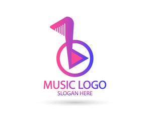 Music logo template. Musical note and vinyl record with play icon vector design. Turntable illustration