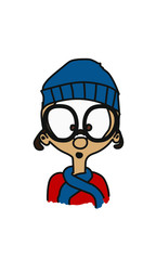 comic character with huge glasses, blue wool hat and scarf and a red sweater