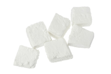 Feta cheese isolated on white background. With clipping path and full depth of field. Top view. Flat lay