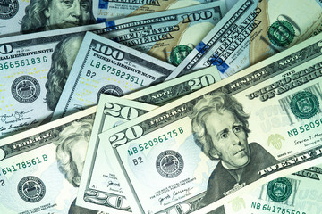 Heap of Dollar Bills on white background. Dollars Closeup Concept. American Dollars Cash Money....
