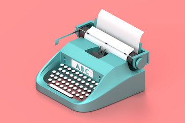 3d render typewriter with paper for writing books.