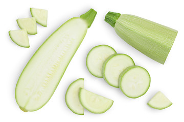 zucchini or marrow isolated on white background with clipping path and full depth of field. Top view. Flat lay