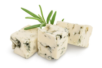 diced Blue cheese with rosemary isolated on white background with clipping path and full depth of field.