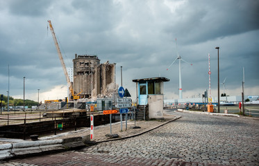 Old grain warehouse SAGMA being demolished to make way for an extension of the Antwerp ringway.