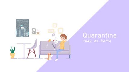 Work at home people quarantine, relax time, man cartoon character flat design, home interior idea creative, web design background vector illustration