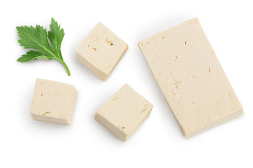 tofu cheese isolated on white background with clipping path and full depth of field, Top view. Flat lay