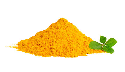 Isolated pile of turmeric powder with green leaves.