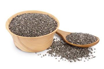Chia seeds in wooden bowl isolated on white background with clipping path and full depth of field.