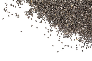 Fototapeta premium Chia seeds isolated on white background with clipping path and full depth of field. Top view with copy space for your text . Flat lay.