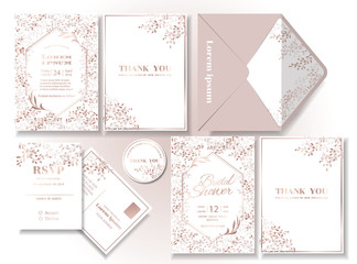 Set of Rose gold leaf pattern wedding invitation card White tone background .rsvp card. Envelope. Sweet, elegant, suitable for newlyweds. Illustration/Vector