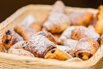 Delicious tasty fresh bakery products on table. Closeup