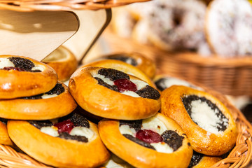 Delicious tasty fresh bakery products on table. Closeup