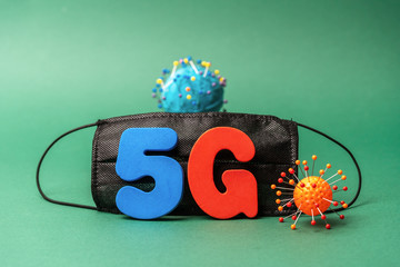 Symbol of coronavirus and 5g network next to a medical mask. The effect of 5g networks on coronavirus