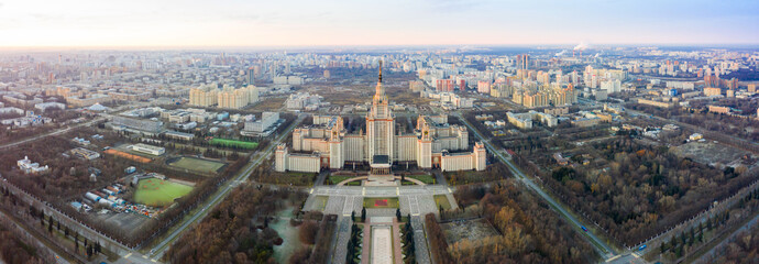 Aerial view of Moscow State University on Sparrow Hills, Moscow, Russia. Scenic panorama of Moscow with the Main building of MSU from above.