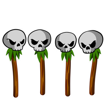 Cartoon illustration - Set of scary skull on stick pole with grass. The scenery of primitive tribal society