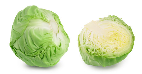 Obraz premium Green cabbage isolated on white background with clipping path and full depth of field