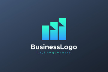 Business Logo Concept. Blue Green Statistic Graph with Flags Negative Space isolated on Blue Background. Flat Vector Logo Design Template Element.