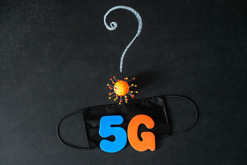 Symbol of coronavirus and 5g network next to a medical mask. The effect of 5g networks on coronavirus
