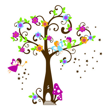 Vector illustration of Cute Angels on a beautiful flower tree 