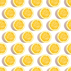 Lemon citrus fruits seamless pattern on white isolated background, tropical fresh juicy slices