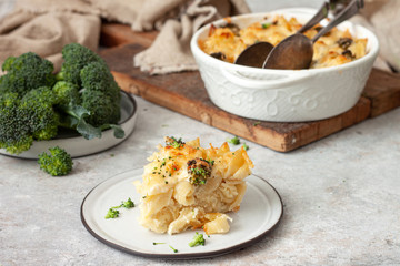 Casserole with pasta, cheese and broccoli