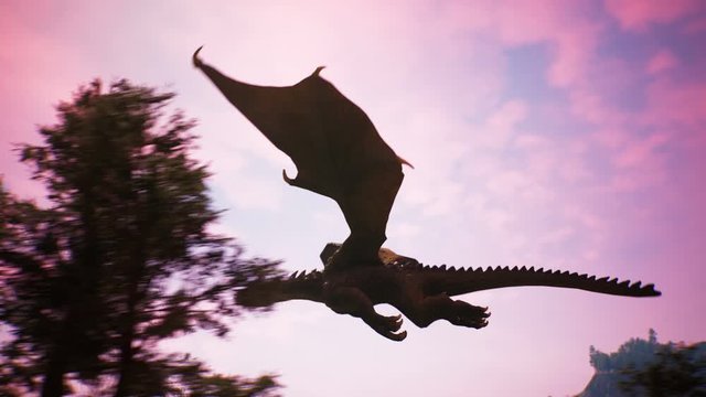 Realistic big dragon flying in the sky over the evening forest. Animation for fabulous, fiction or fantasy backgrounds.
