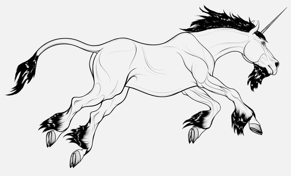 Linear galloping unicorn with long mane. Heraldic horned horse runs, lowering its head. Fictional creature from legends.