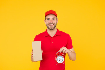 delivery time. Delivery Courier with time clock holding box. take your parcel. gift delivery man...