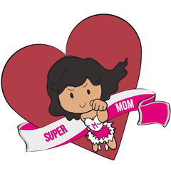 super hero mom in super hero outfit with a heart shape ribbon and a super mom ribbon