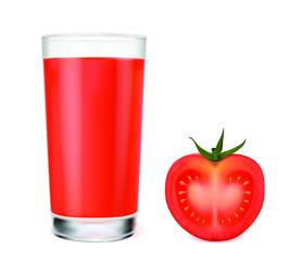 A glass of tomato juice and fresh tomato on a white background