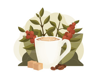 Cup of hot cappuccino with coffee beans and sugar cubes illustration. Coffee berries and leaves in the background. Stock vector.