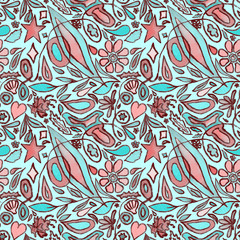 A cute pink and blue seamless pattern for design. A repeating floral drawing with flowers, leaves, stars and natural elements.