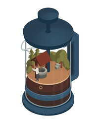 French press isometric illustration with scene inside. Man pulls a bucket of coffee from the well. Coffee production concept. Stock vector. Isolated on white background.