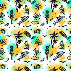 Hand drawn cartoon style seamless pattern for design. Tropical life: hut, exotic nature and a woman.