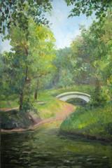 Bridge in the park in summer, oil painting