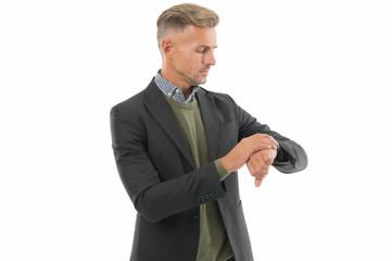 Naklejka premium Whats the time. Businessman check time isolated on white. Time management. Working to deadline. Business meeting. Punctuality. Formal style. Time is money